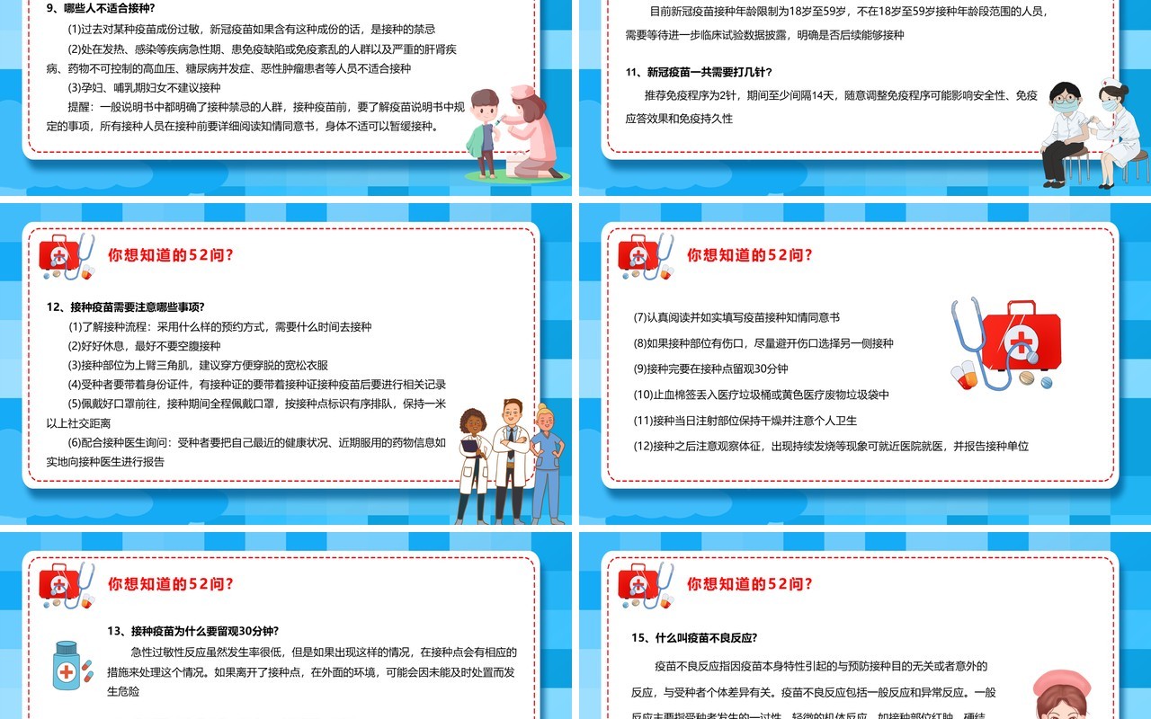 蓝色卡通风关于新冠疫苗的五十二个问PPT模板