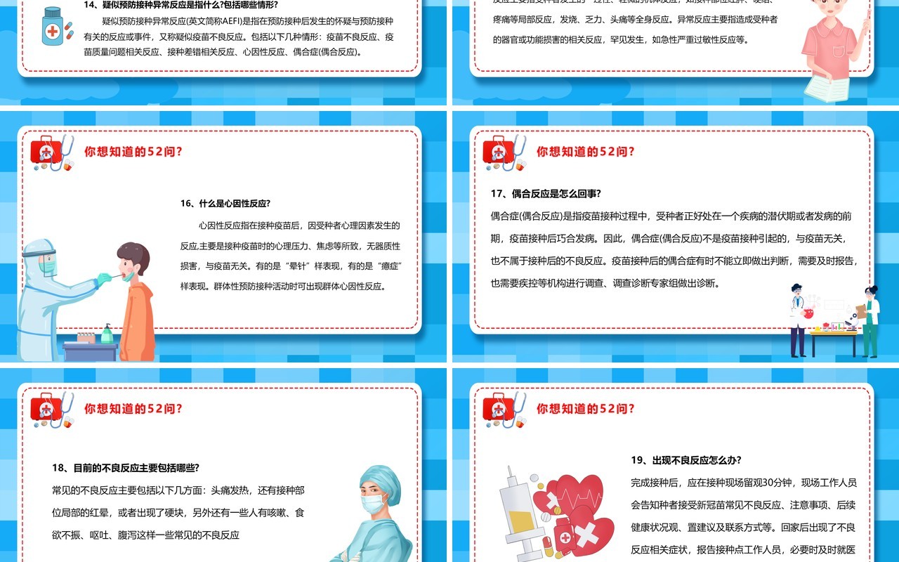 蓝色卡通风关于新冠疫苗的五十二个问PPT模板