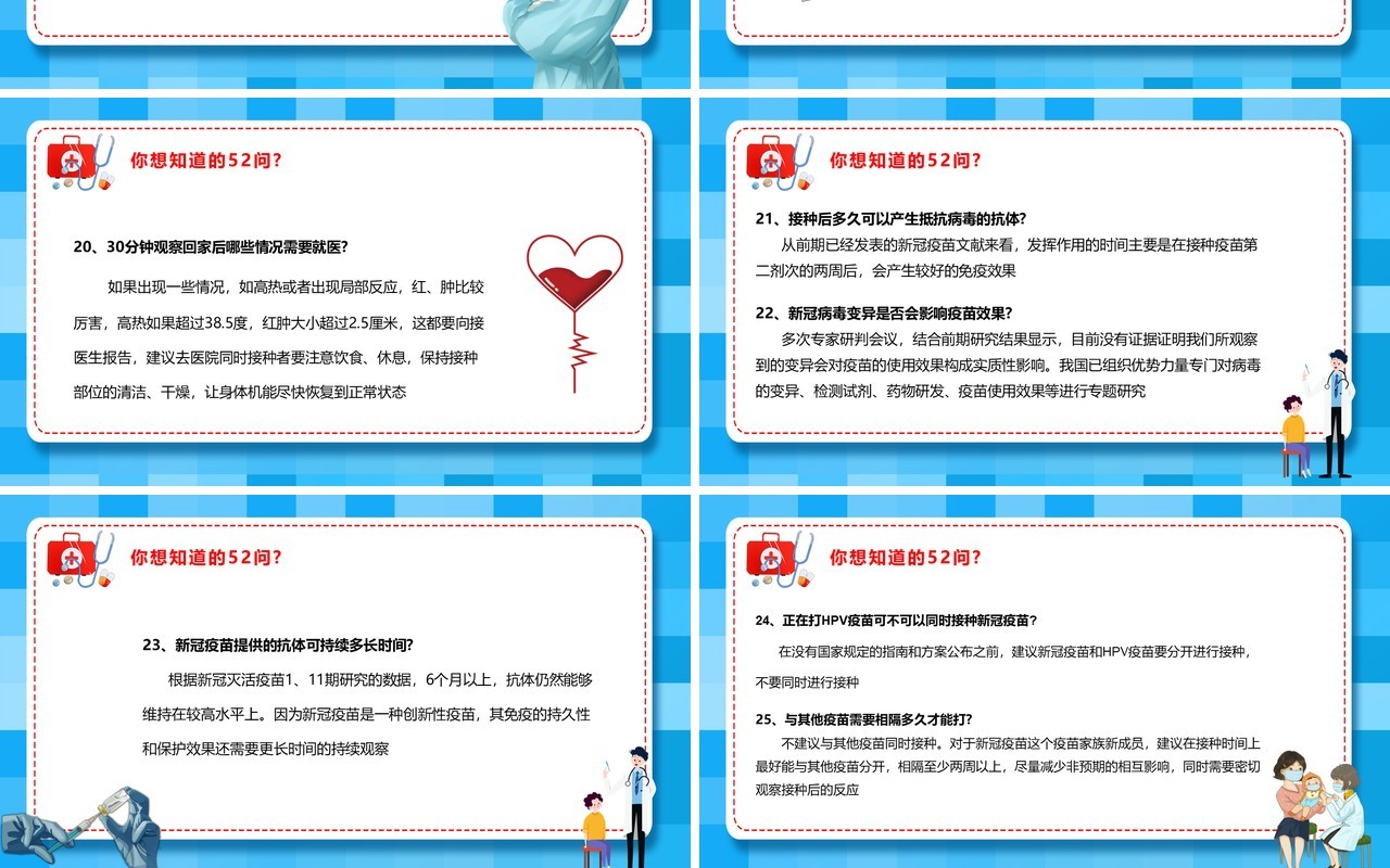 蓝色卡通风关于新冠疫苗的五十二个问PPT模板