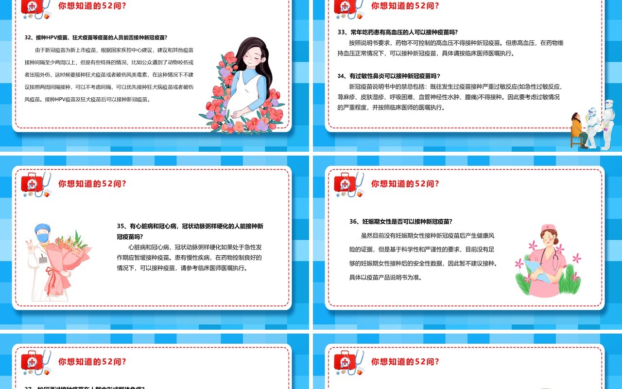 蓝色卡通风关于新冠疫苗的五十二个问PPT模板