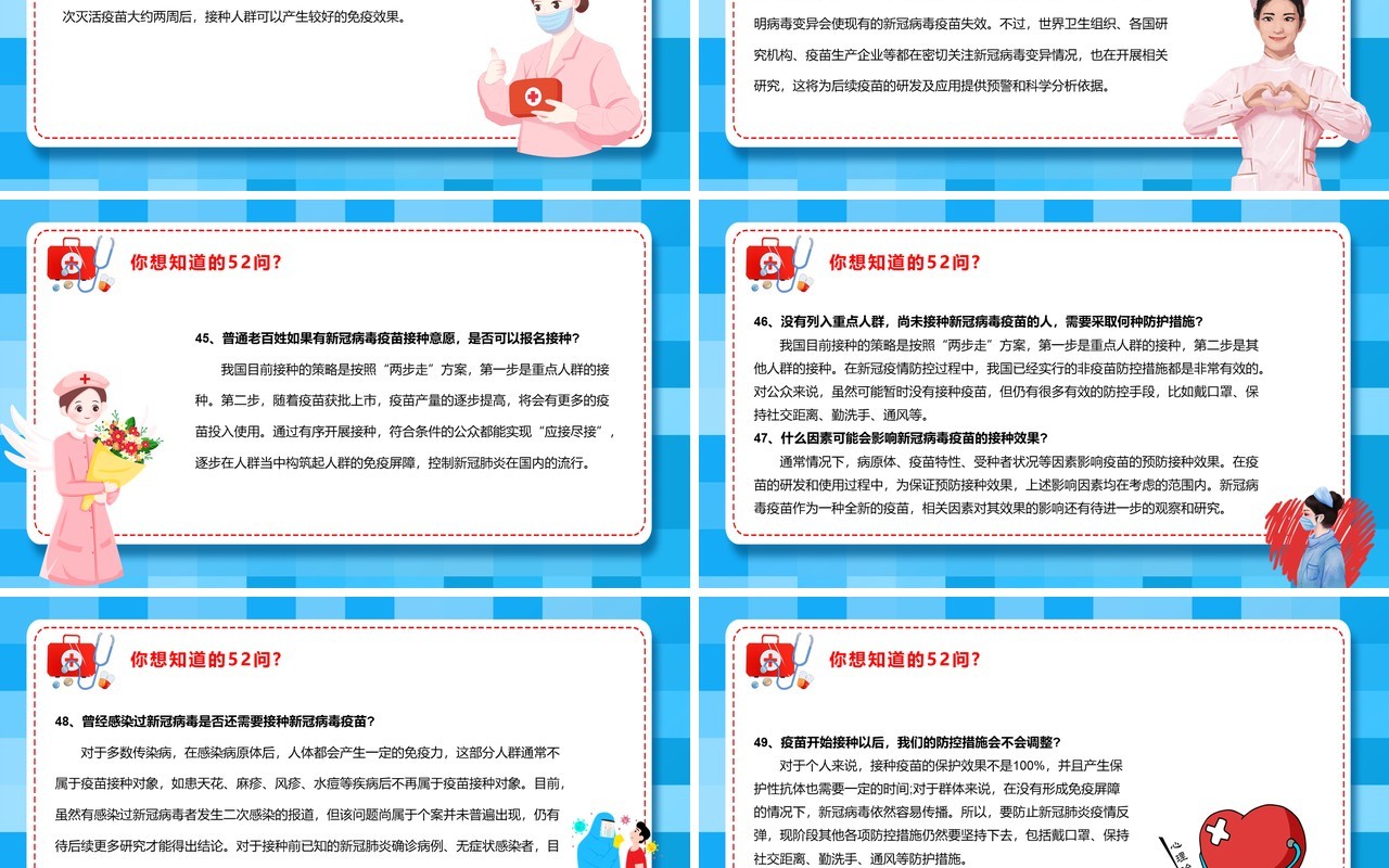 蓝色卡通风关于新冠疫苗的五十二个问PPT模板