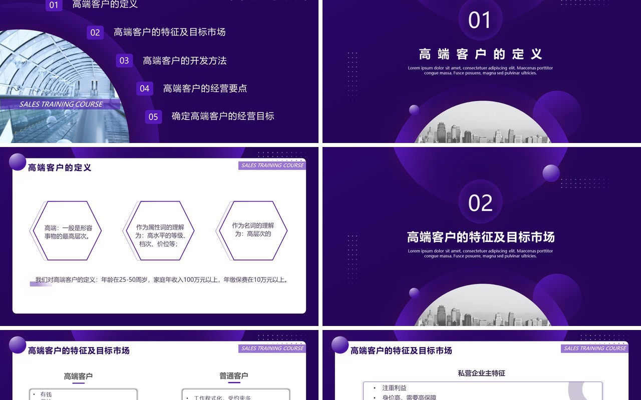 紫色商务风企业销售培训高端客户的开拓与经营系列课程PPT模板