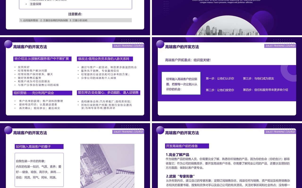 紫色商务风企业销售培训高端客户的开拓与经营系列课程PPT模板