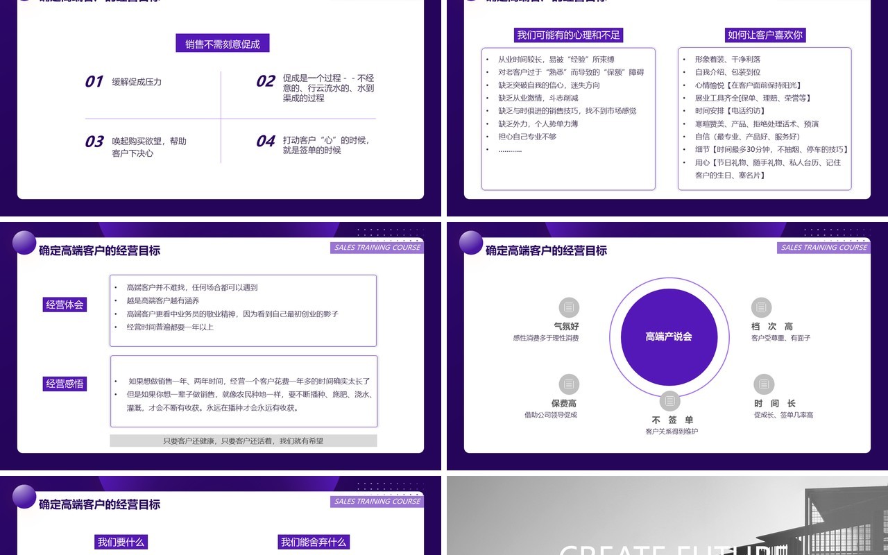 紫色商务风企业销售培训高端客户的开拓与经营系列课程PPT模板