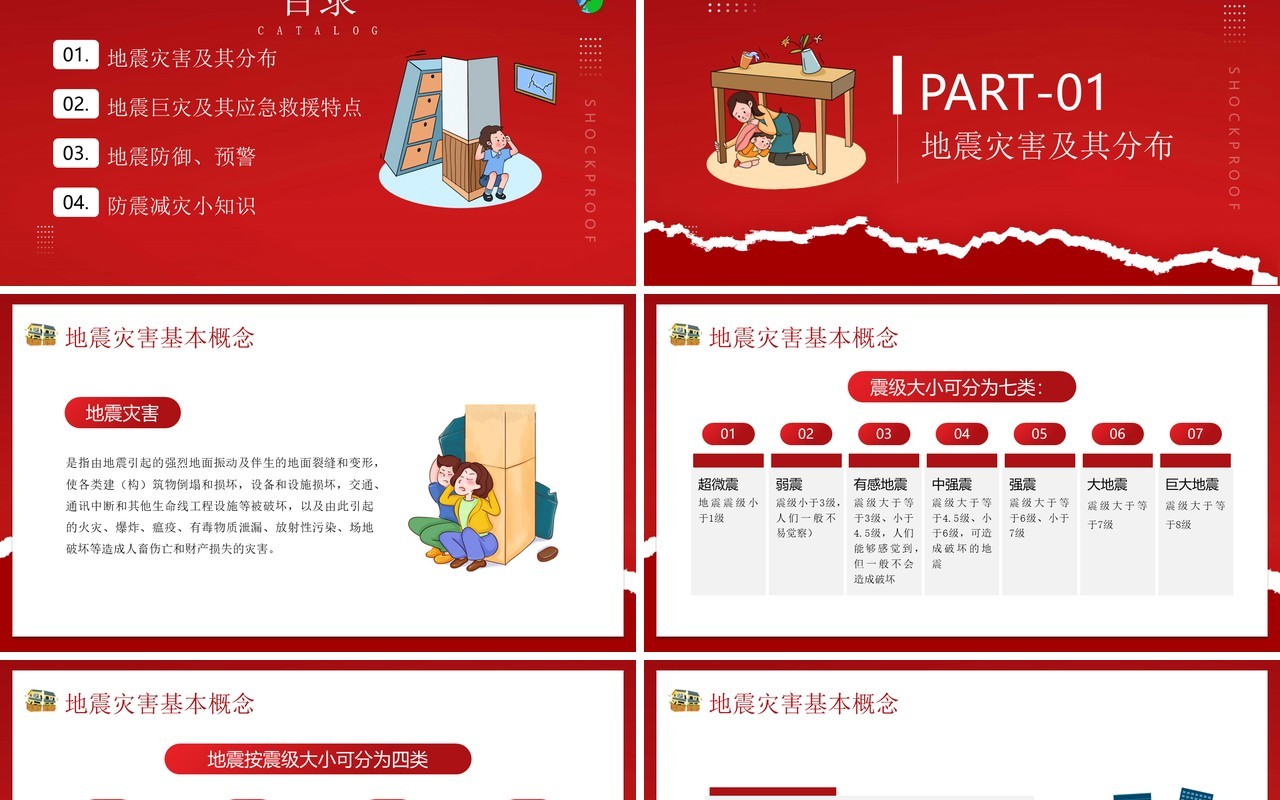 红色卡通风防震减灾科普先行主题教育PPT模板