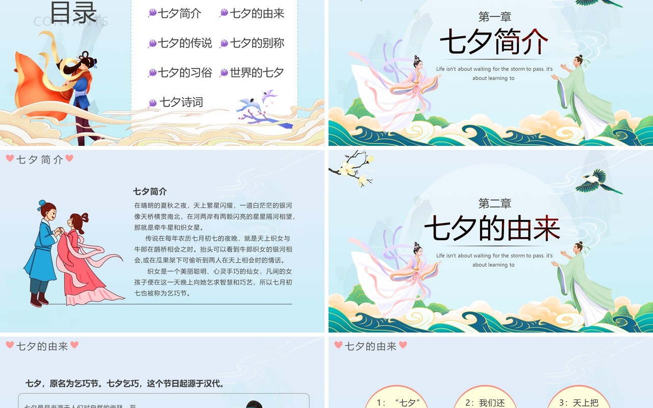 蓝色中国风浪漫七夕节日介绍通用PPT模板
