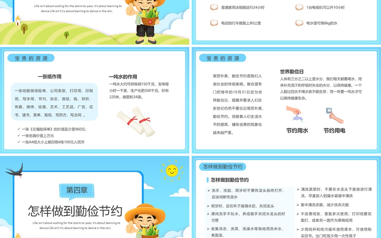 蓝色卡通勤俭节约从我做起主题班会PPT模板