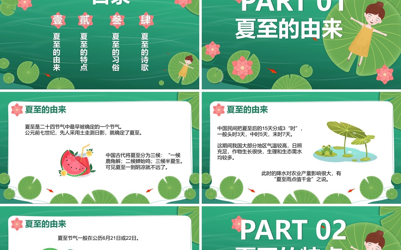 绿色小清新二十四节气夏至介绍PPT模板