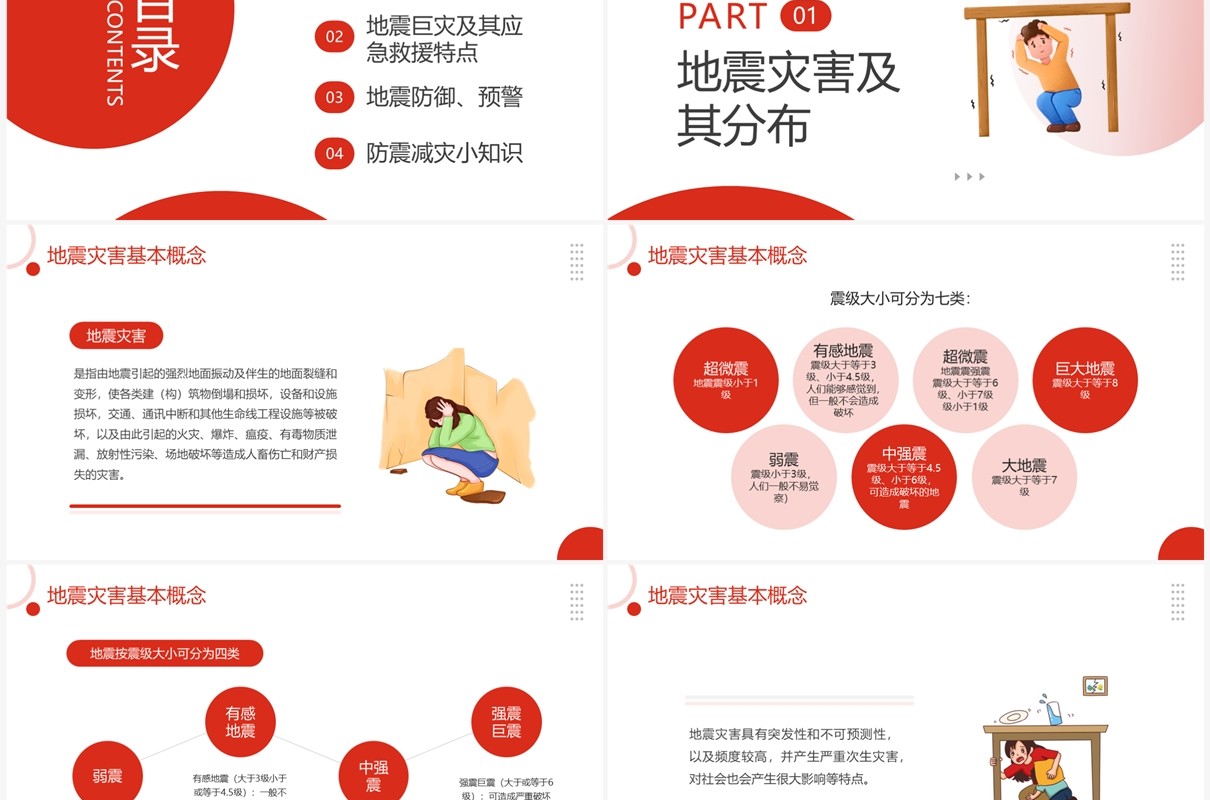 红色简约风防震减灾科普主题班会PPT模板