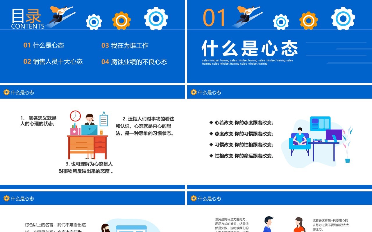 蓝色公司入职员工管理培训销售人员心态培训课件动态PPT模板
