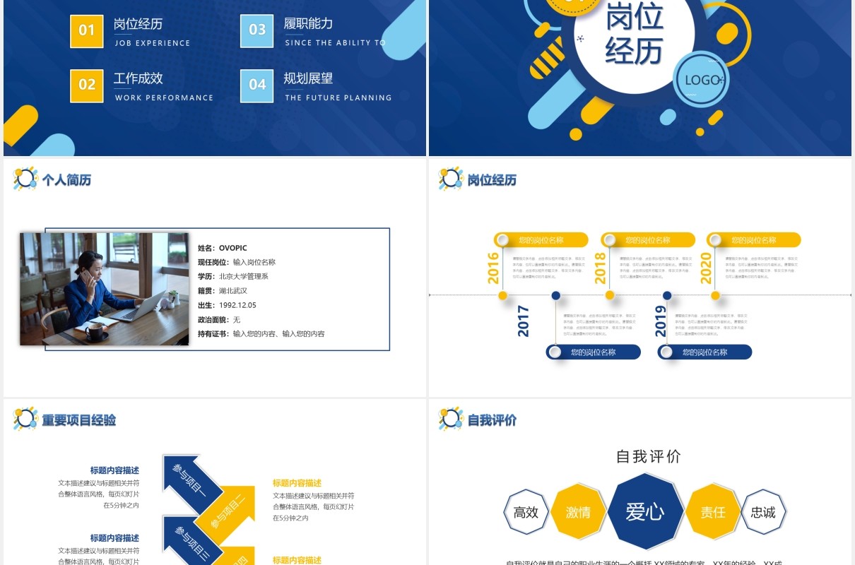蓝黄色简约岗位竞聘工作述职报告PPT模板
