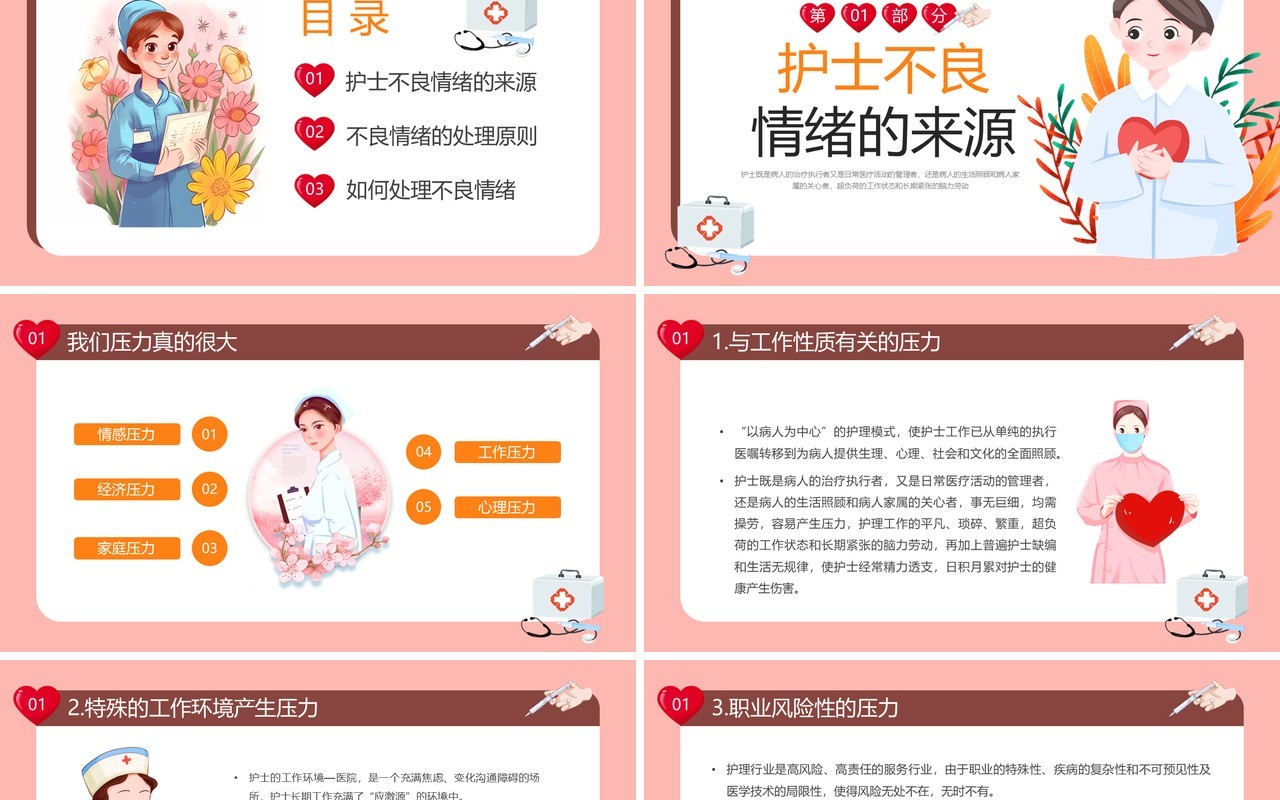 粉色卡通风护士情绪管理培训PPT模板