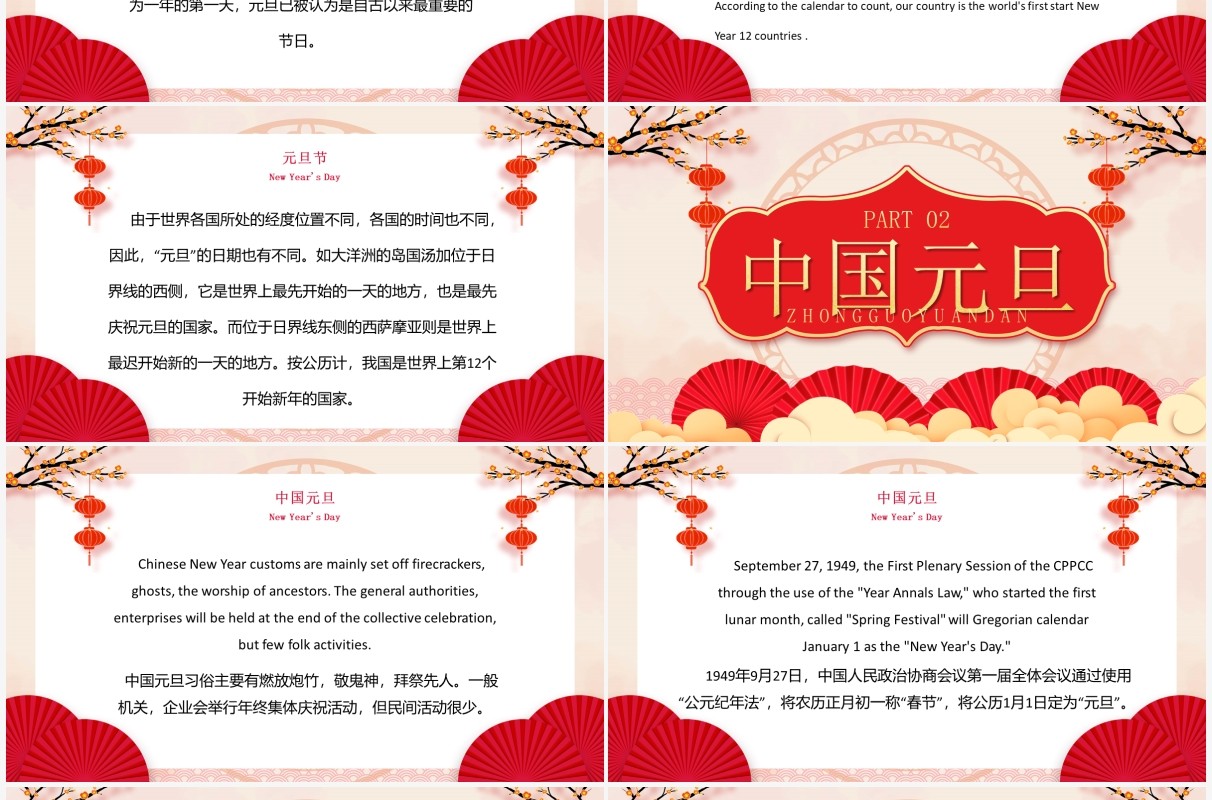 红色中国风元旦英语节日介绍PPT模板
