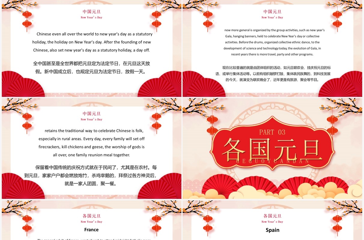 红色中国风元旦英语节日介绍PPT模板