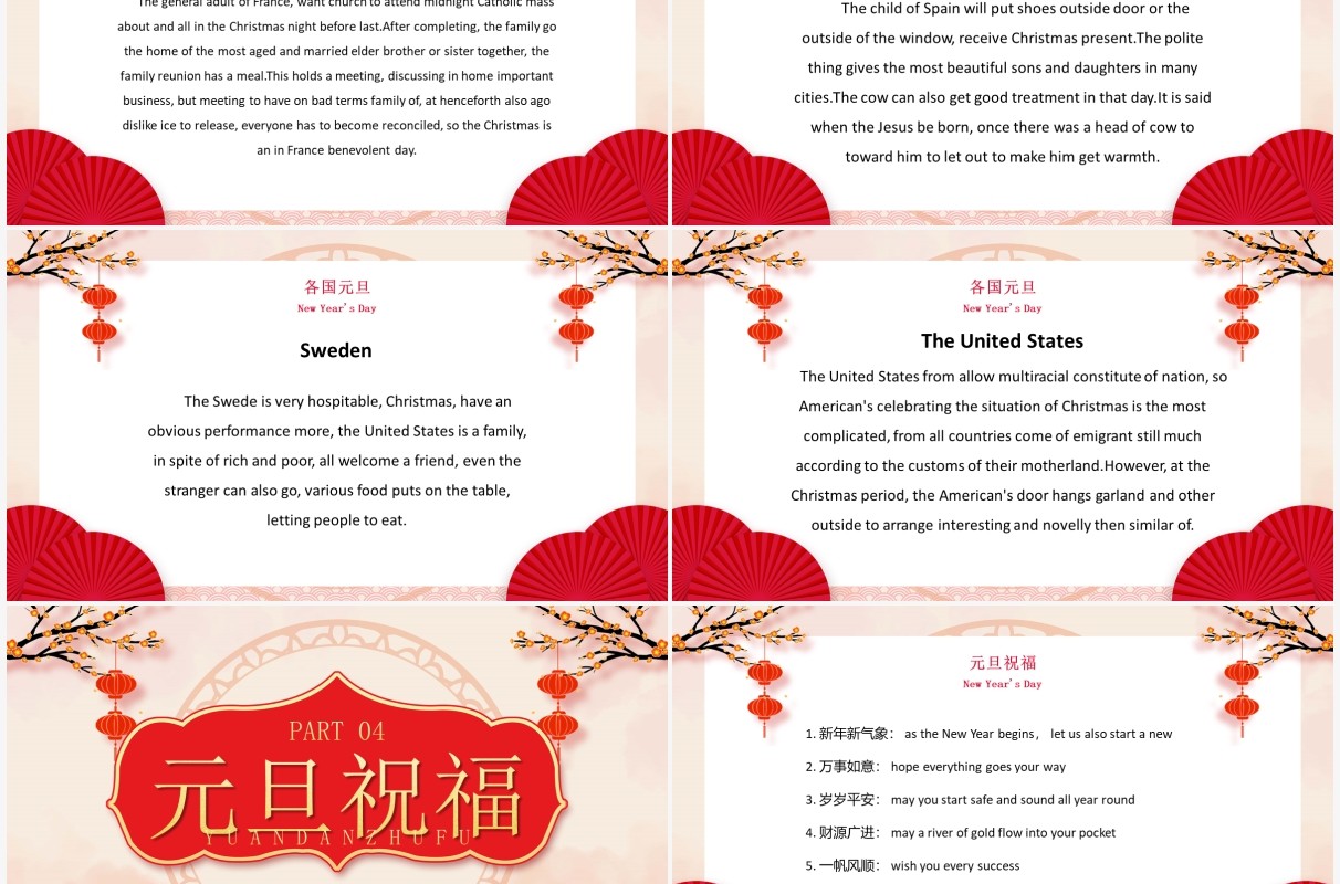 红色中国风元旦英语节日介绍PPT模板