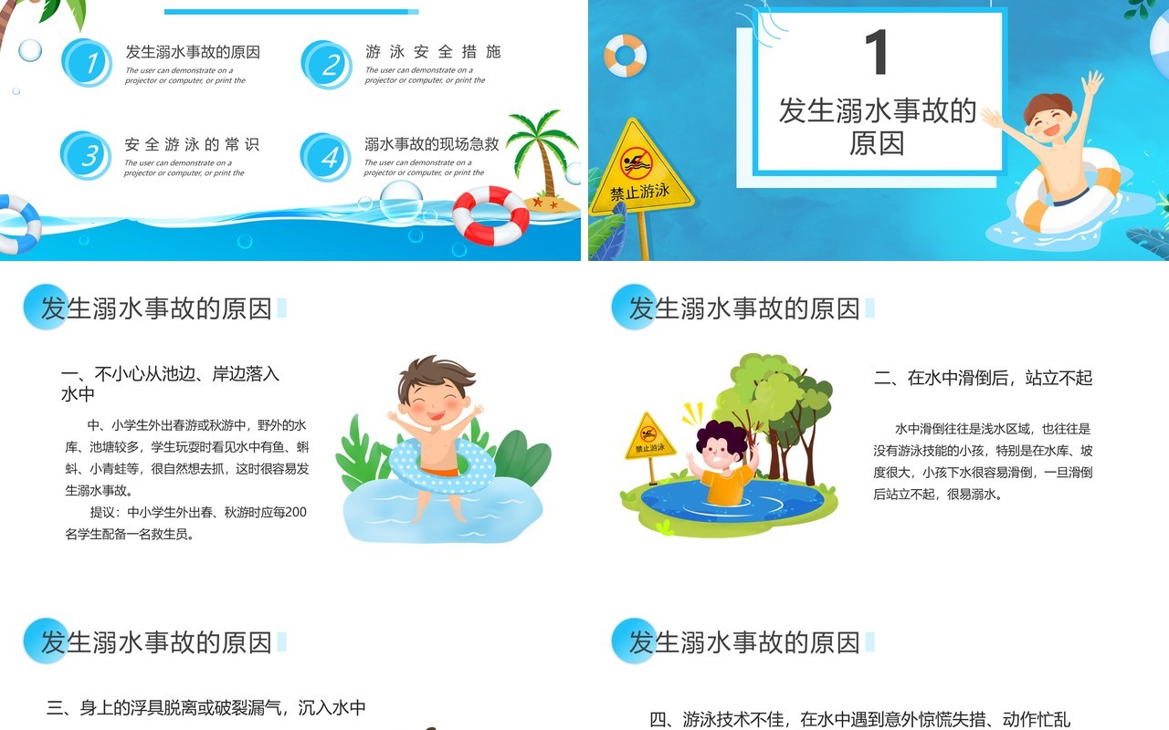 蓝色卡通风校园防溺水安全知识讲座动态PPT模板