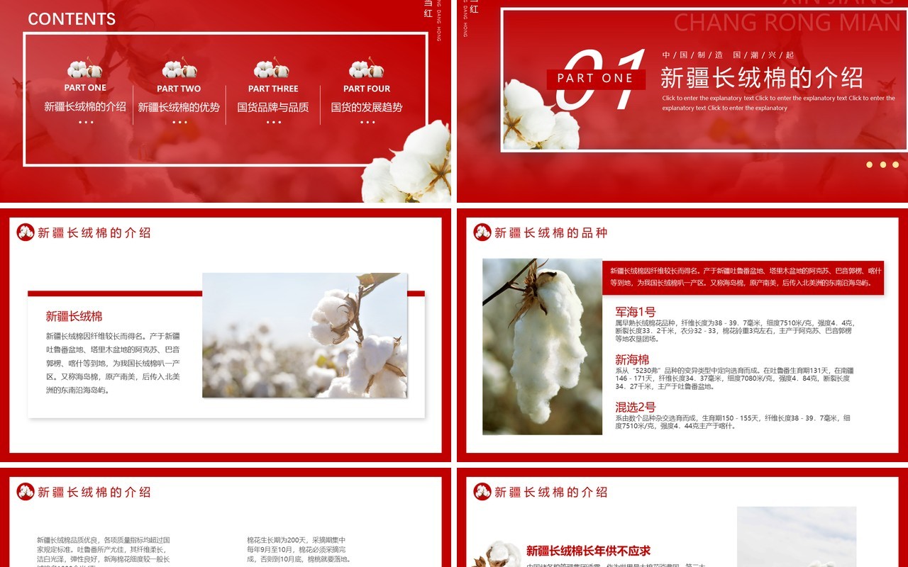 红色简约风新疆长绒棉商品介绍动态PPT模板