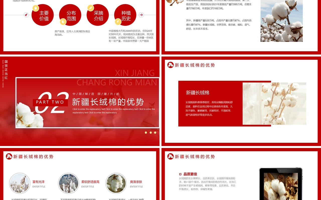 红色简约风新疆长绒棉商品介绍动态PPT模板