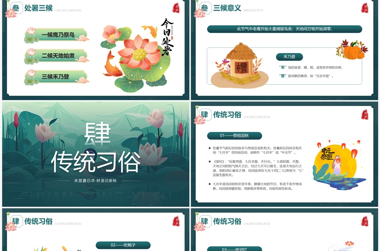 绿色插画风传统二十四节气之处暑PPT模板