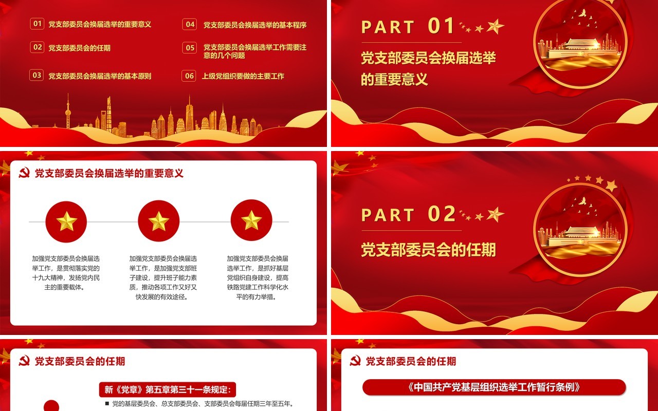 红色党政风党支部换届选举工作流程报告PPT模版