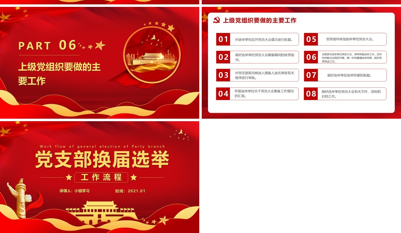 红色党政风党支部换届选举工作流程报告PPT模版