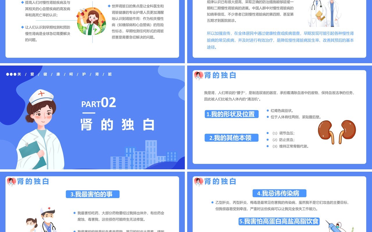 蓝色卡通风世界肾脏日介绍PPT模板