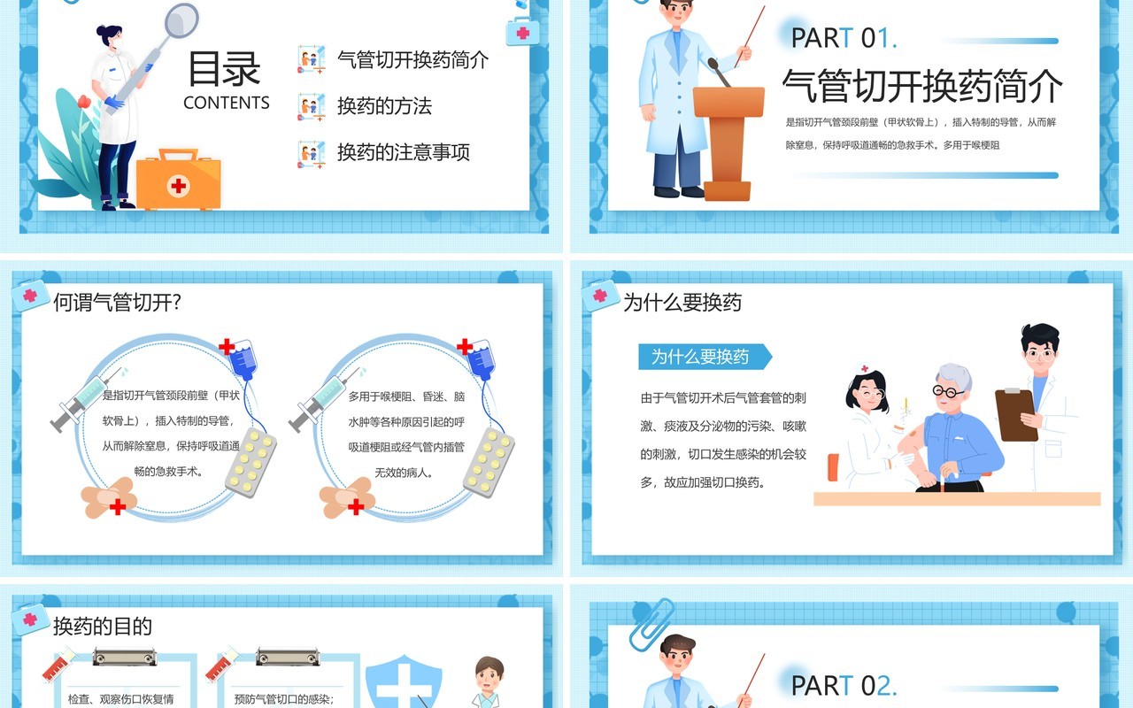 蓝色扁平化气管切开换药流程PPT模板