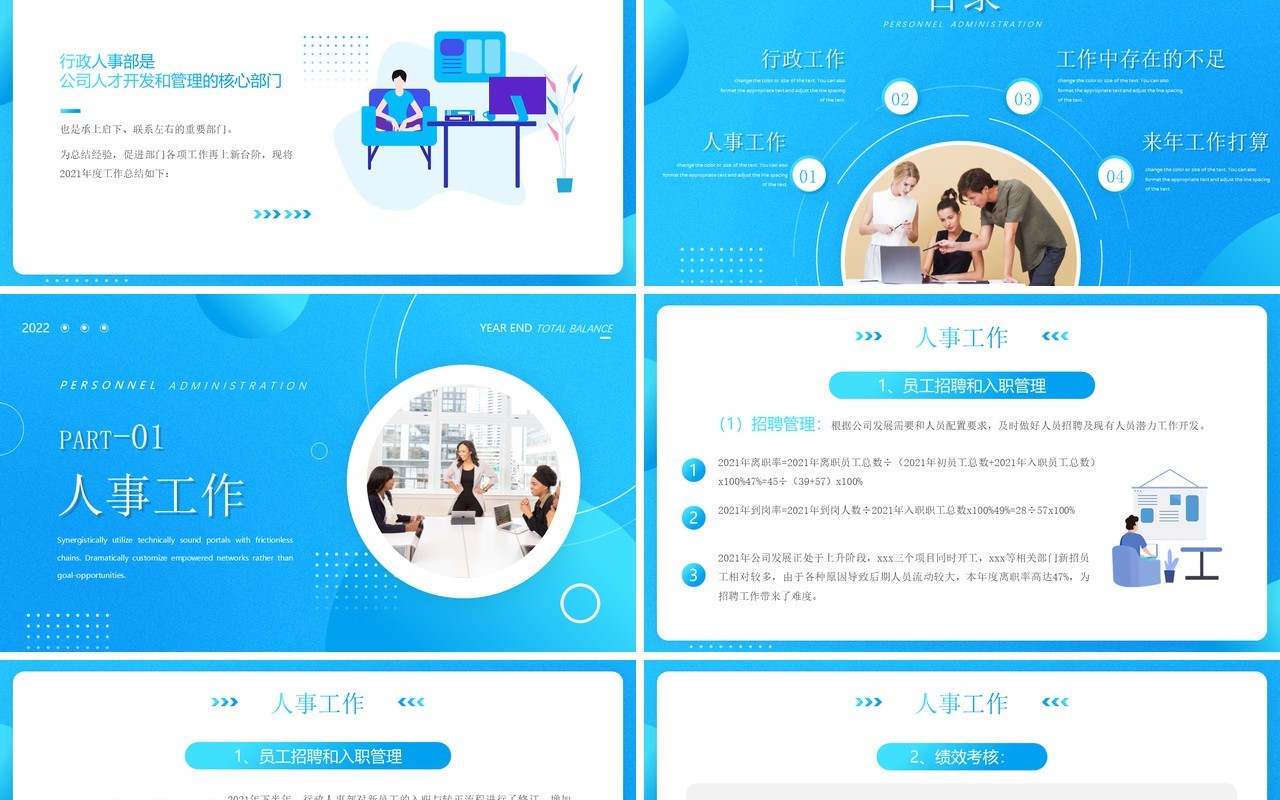 蓝色简约人事行政年终总结PPT模板