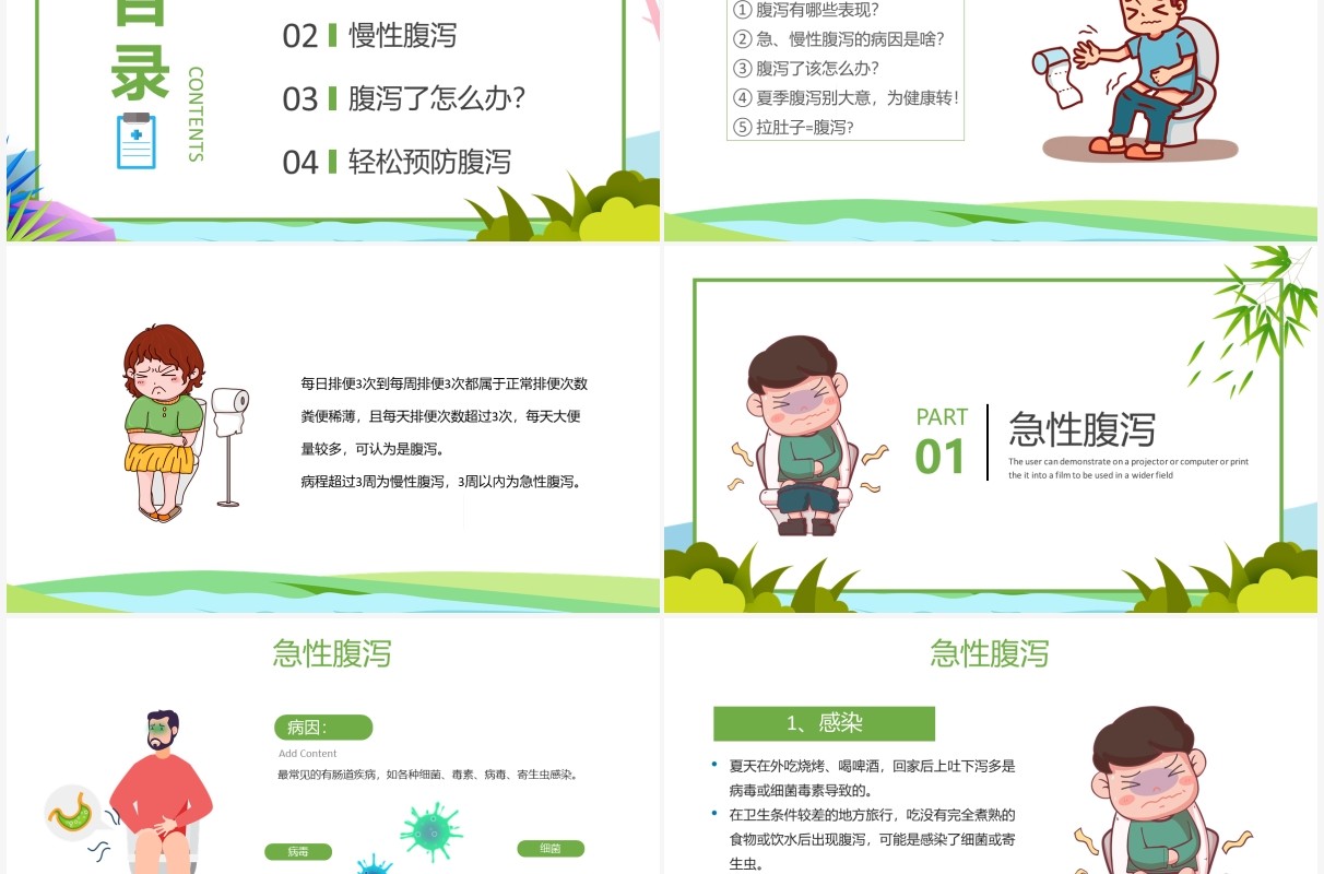 绿色卡通夏季腹泻知识健康教育宣传PPT模板