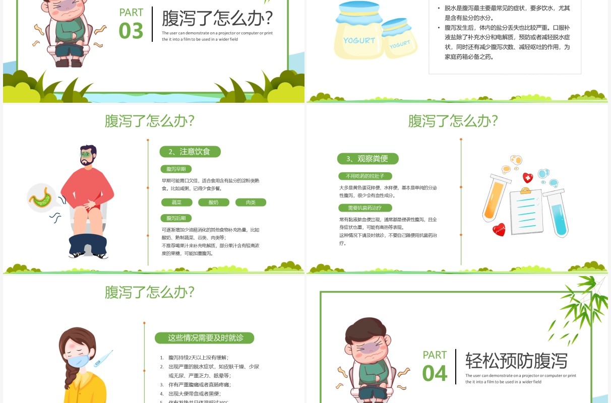 绿色卡通夏季腹泻知识健康教育宣传PPT模板