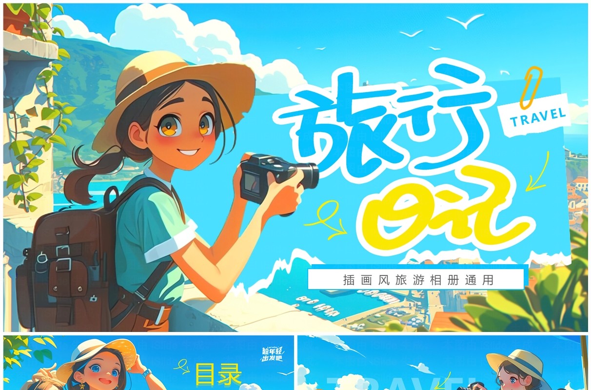 蓝色插画风旅游日记相册PPT通用模板