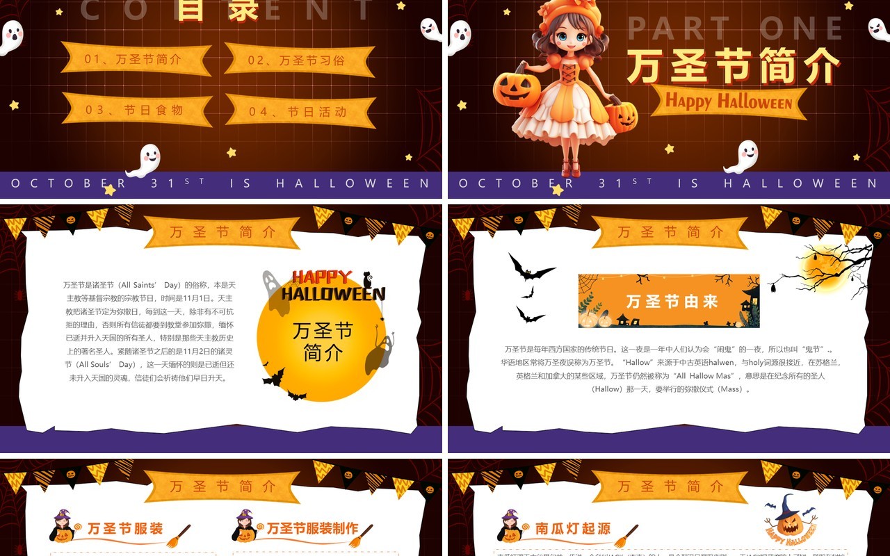 黄色创意卡通风万圣狂欢夜PPT模板