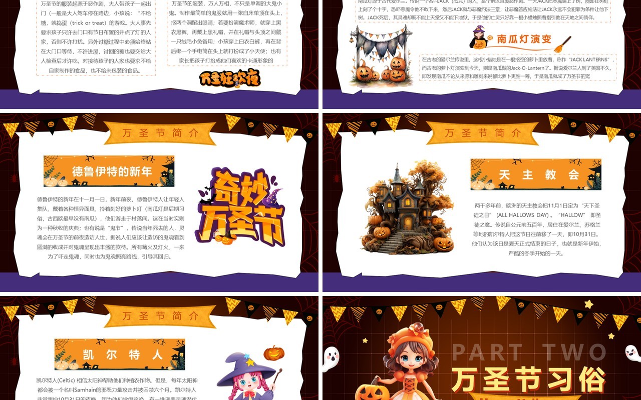 黄色创意卡通风万圣狂欢夜PPT模板