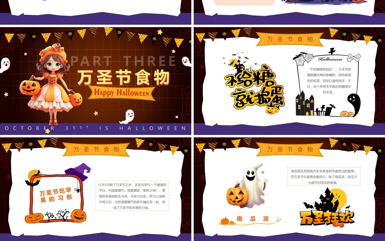 黄色创意卡通风万圣狂欢夜PPT模板