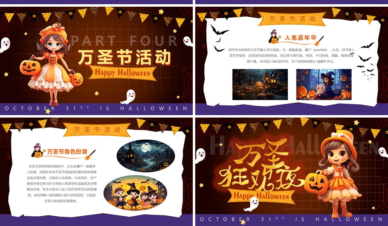 黄色创意卡通风万圣狂欢夜PPT模板