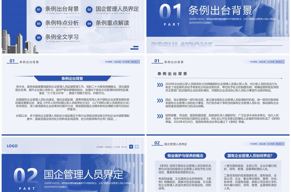蓝色简约风国有企业管理人员处分条例PPT模板