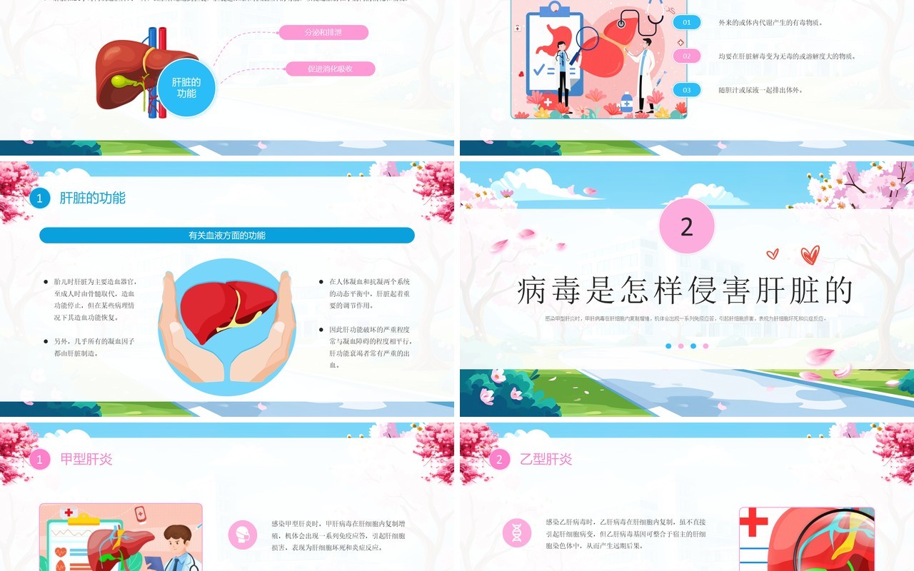 蓝色插画风爱肝护肝主题宣传教育PPT模板