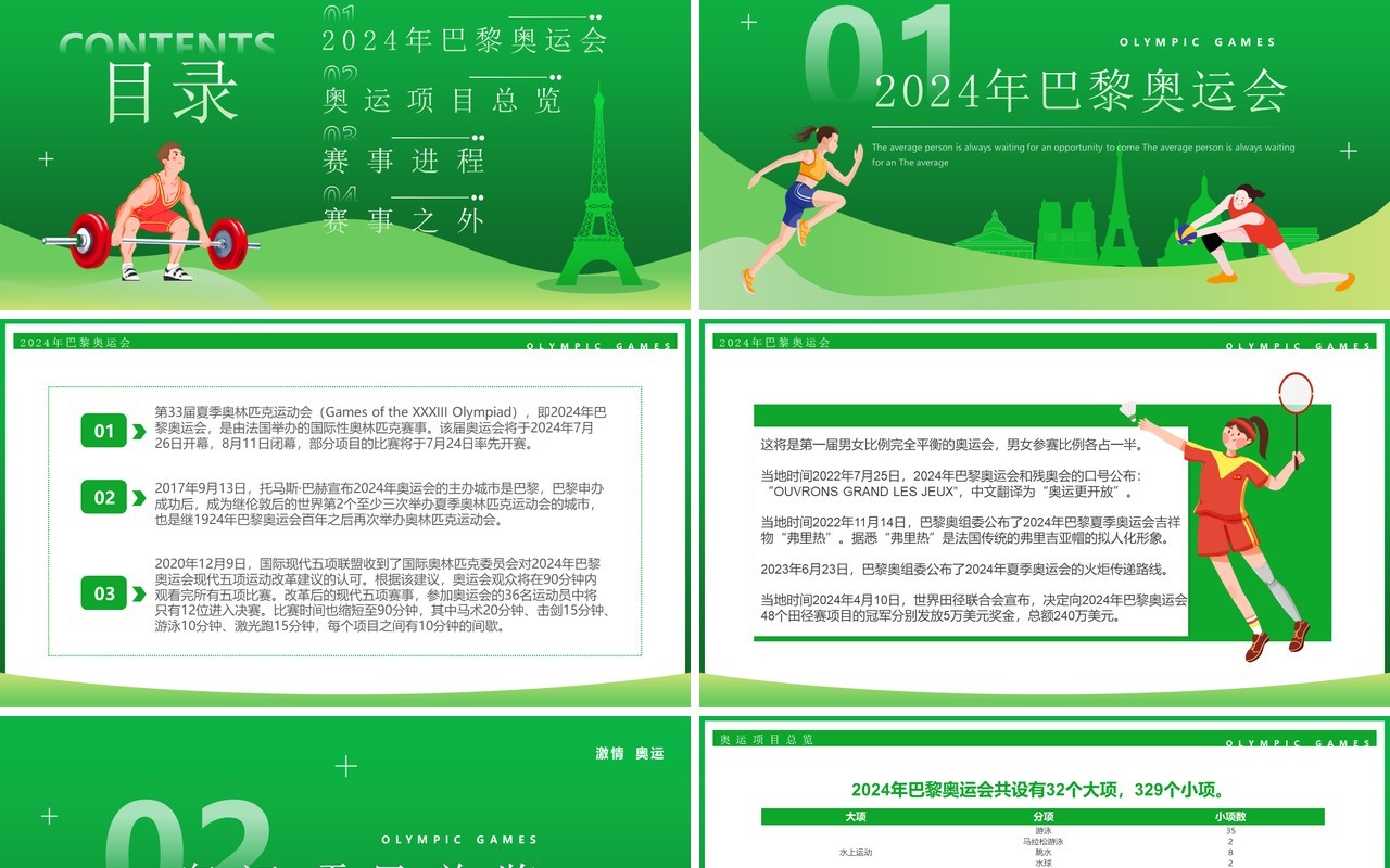 绿色卡通风巴黎奥运会介绍PPT模板