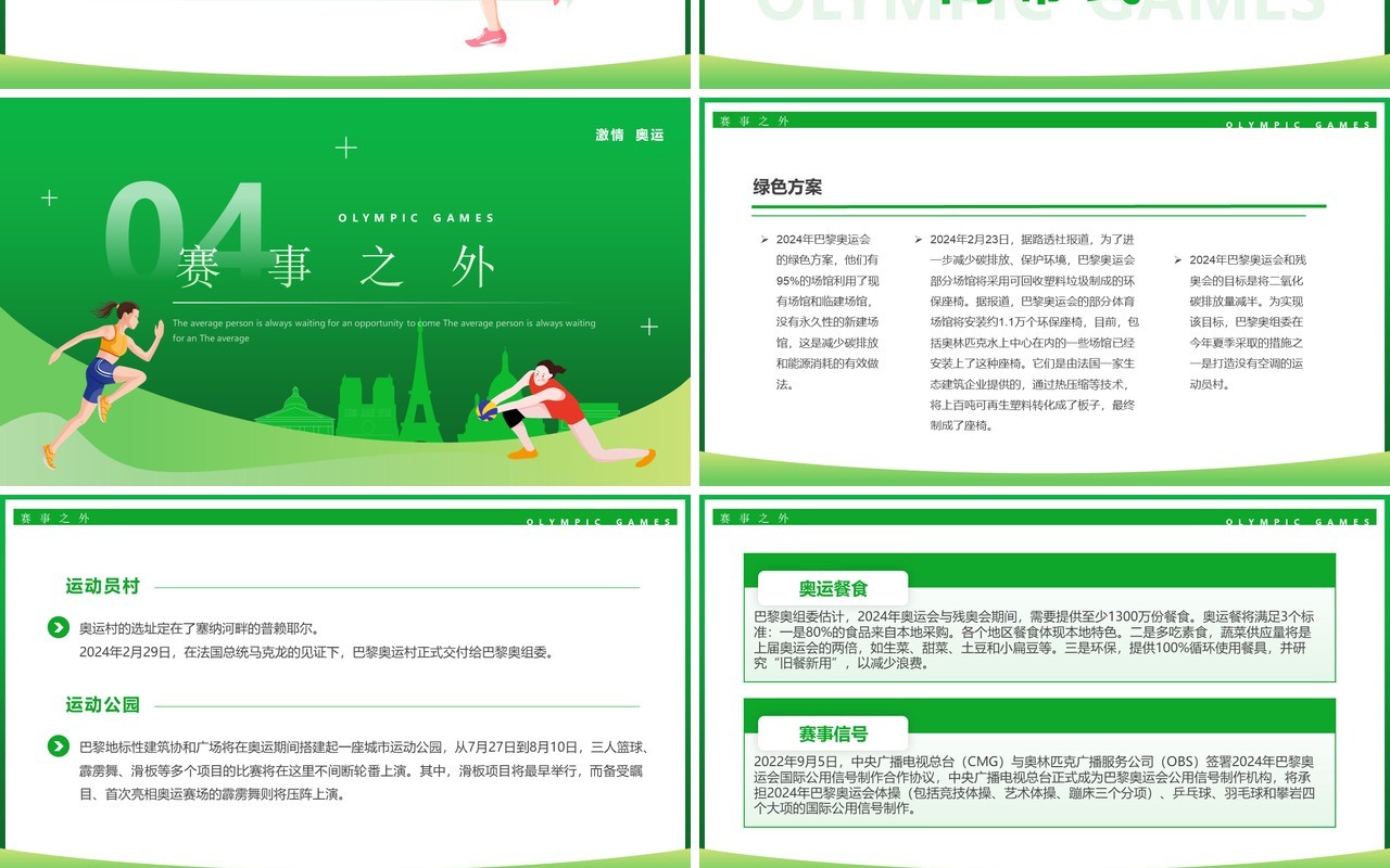绿色卡通风巴黎奥运会介绍PPT模板