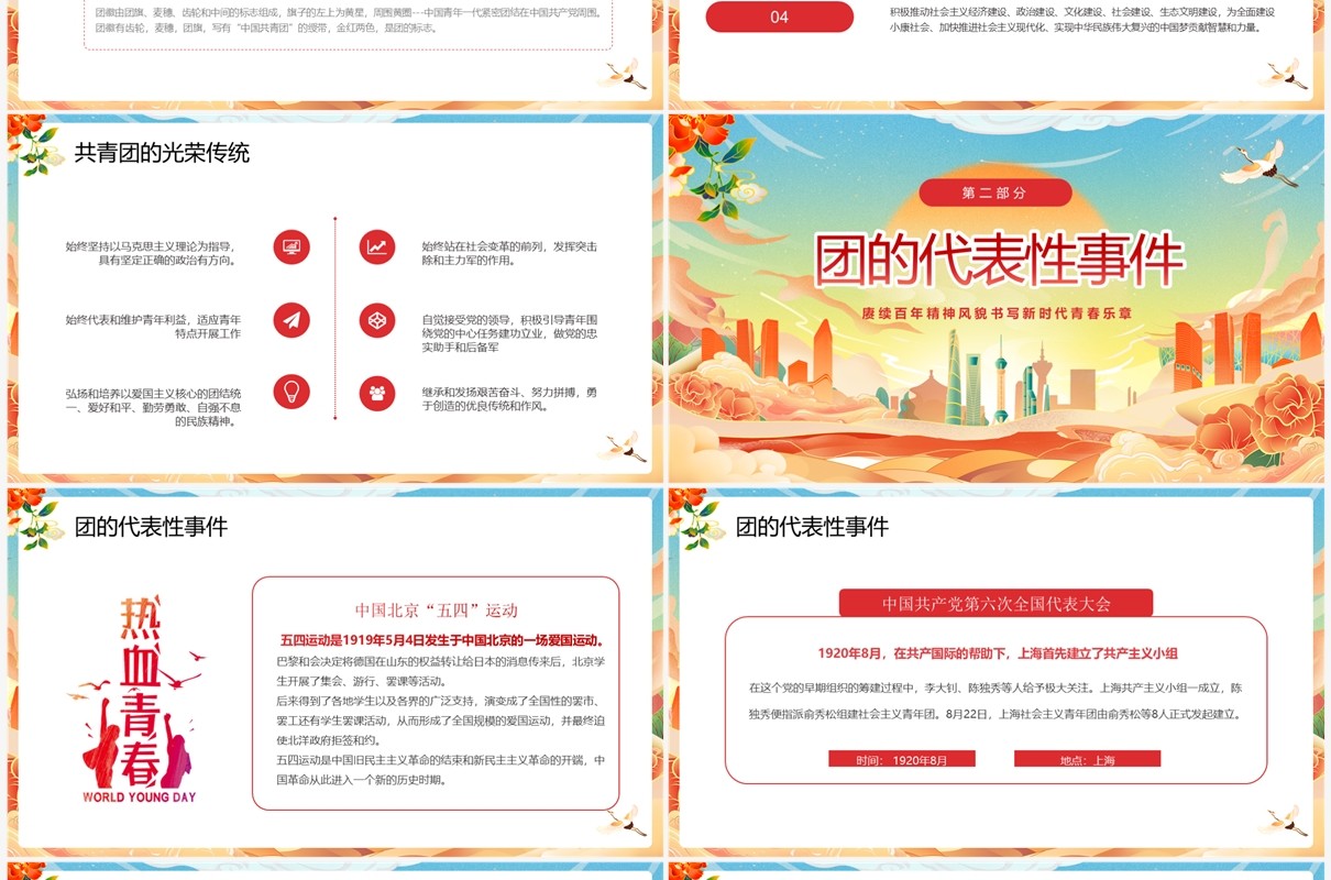 蓝色国潮风五四青年节共青团建团101年PPT模板