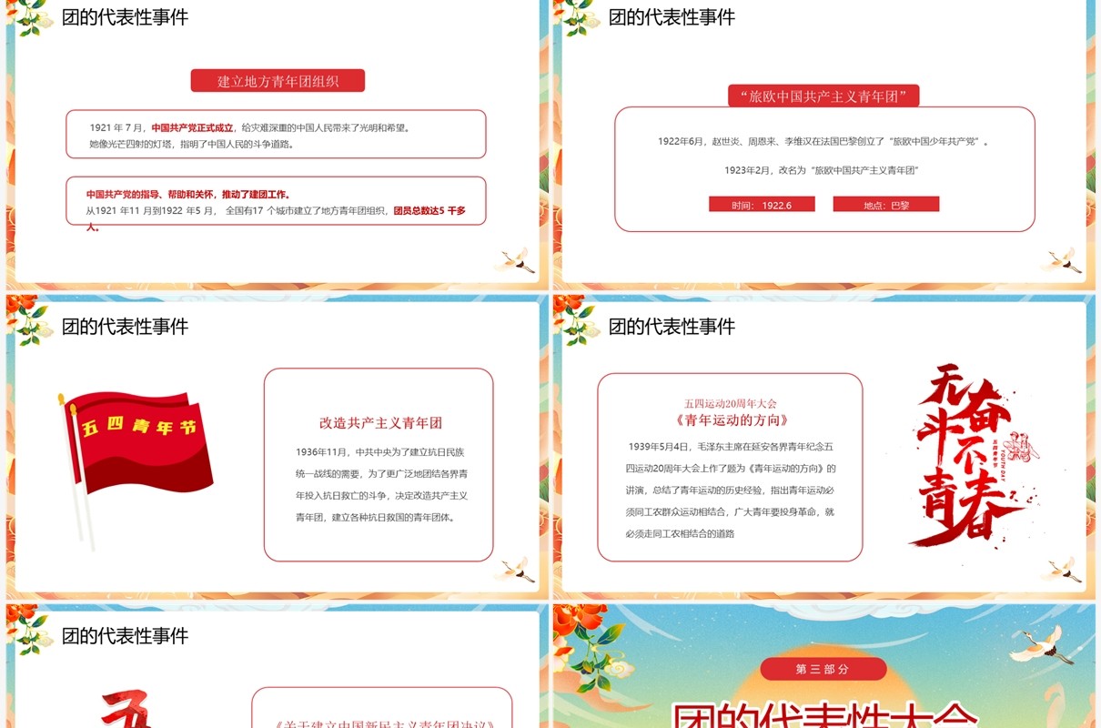 蓝色国潮风五四青年节共青团建团101年PPT模板