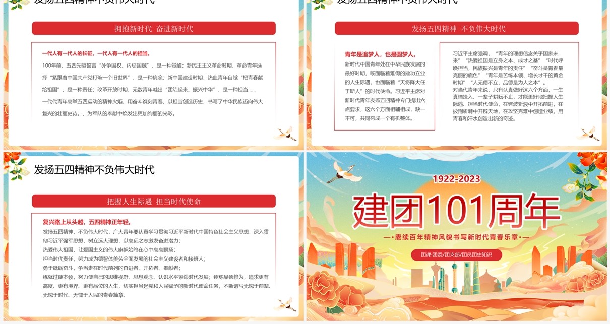 蓝色国潮风五四青年节共青团建团101年PPT模板