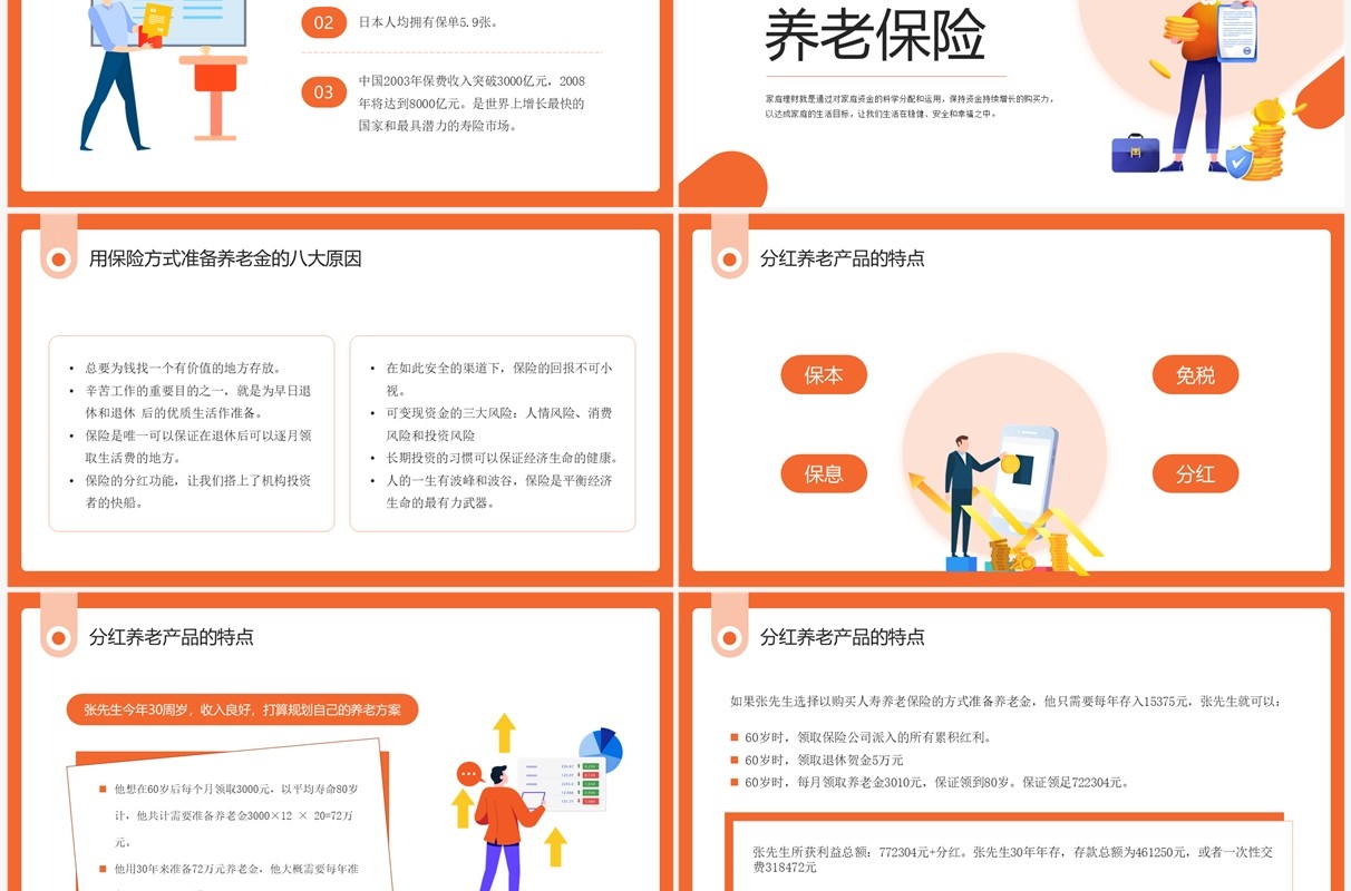 橙色卡通插画风保险与家庭理财PPT模板