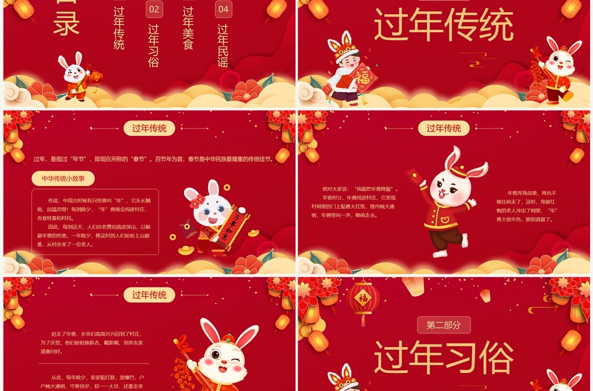 2023兔年红色喜庆幼儿园过新年PPT模板