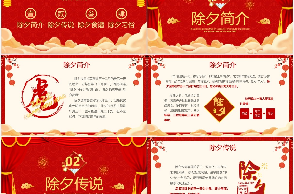 红色中国风团圆除夕夜习俗介绍PPT模板