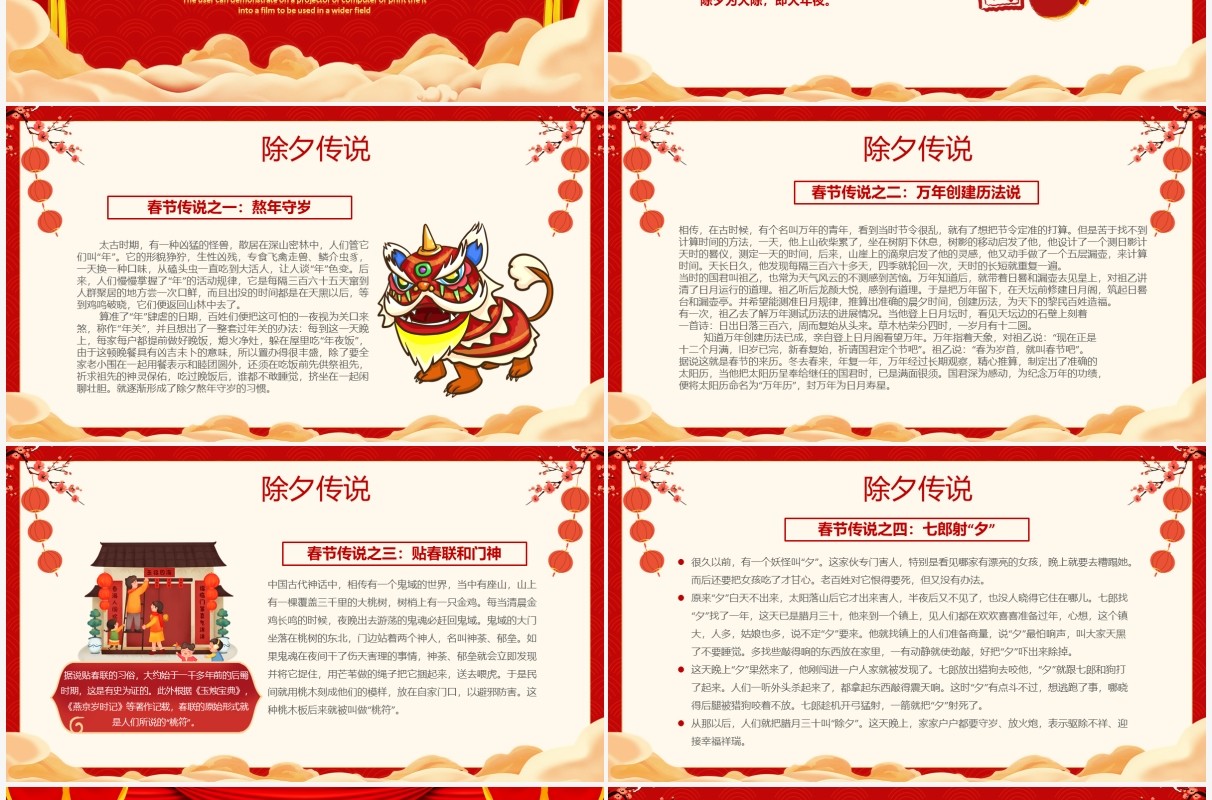 红色中国风团圆除夕夜习俗介绍PPT模板
