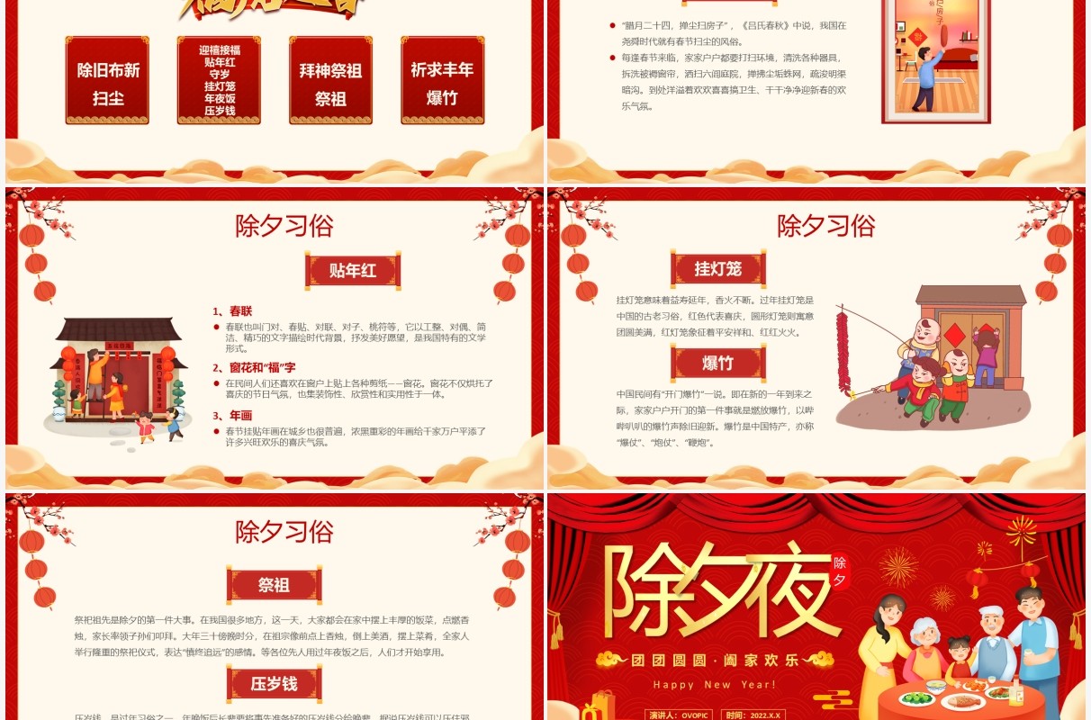 红色中国风团圆除夕夜习俗介绍PPT模板