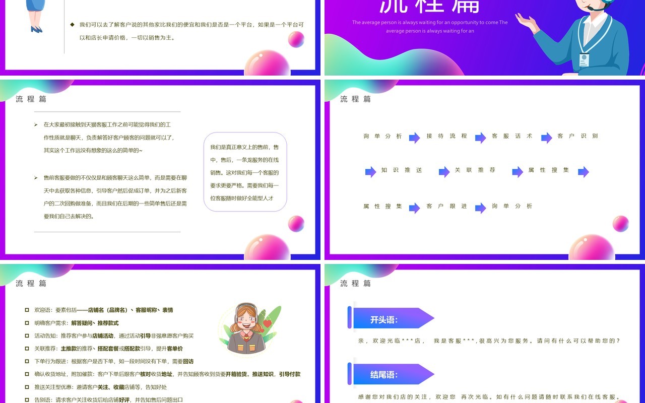 紫色渐变卡通风618新手客服培训PPT模板