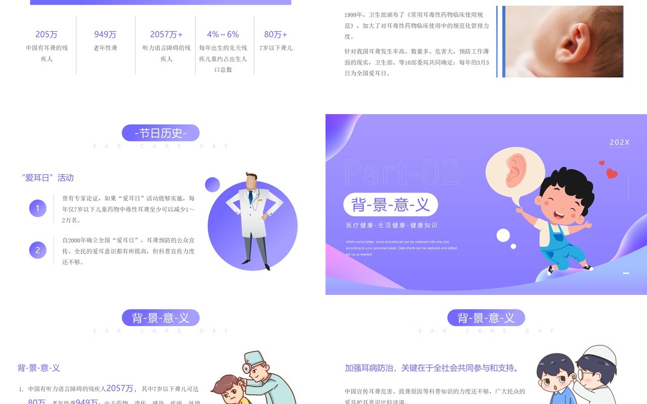 紫色卡通风全国爱耳日节日宣传PPT模板