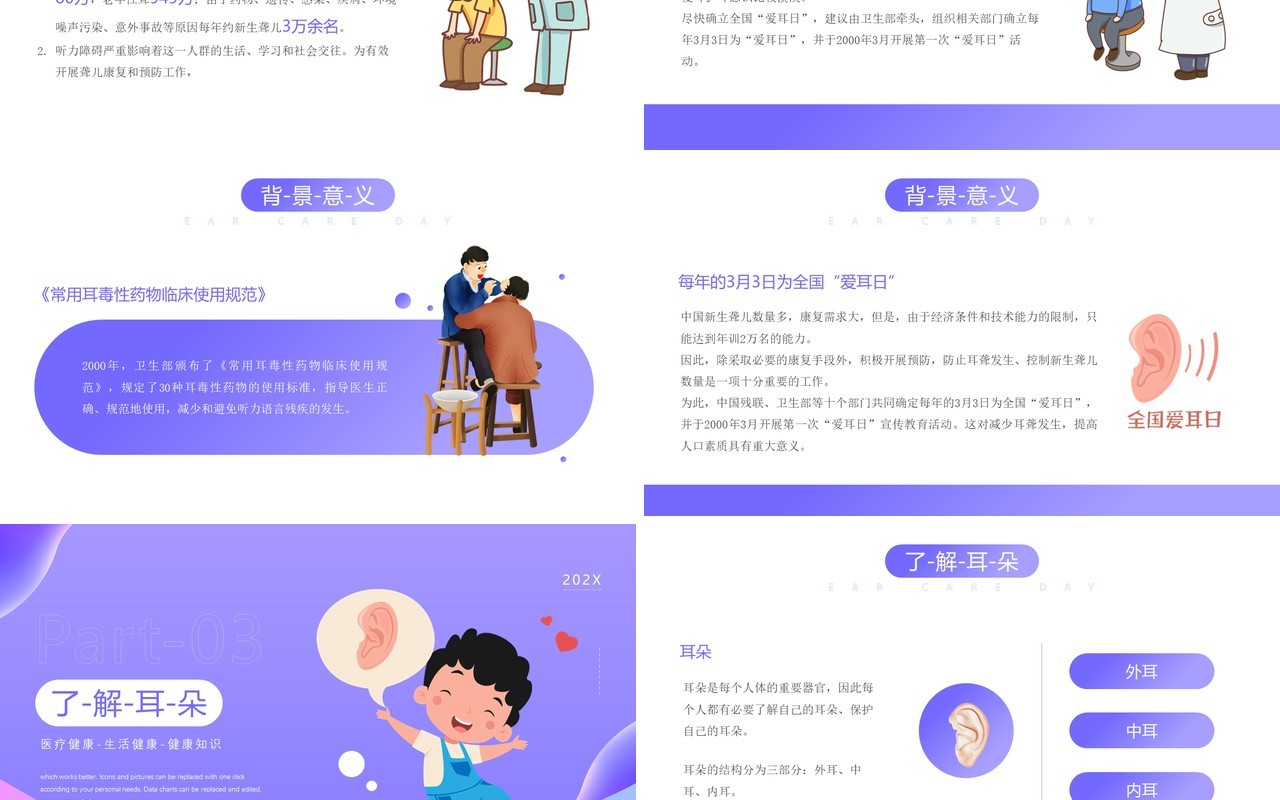 紫色卡通风全国爱耳日节日宣传PPT模板